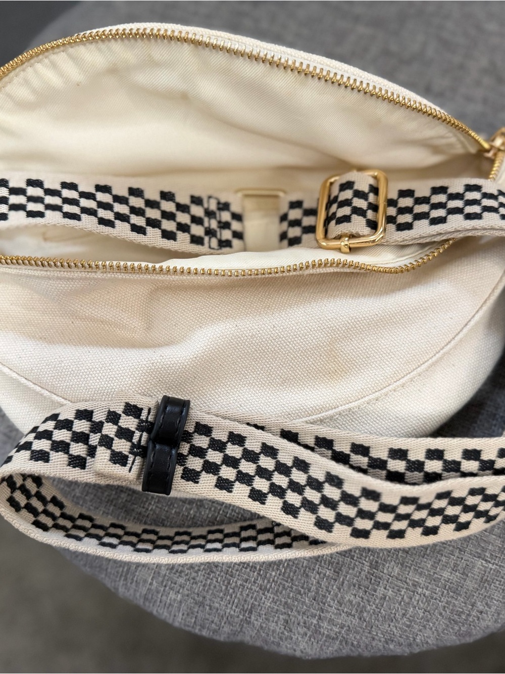 Canvas Crossbody Bag with Checker Strap - Cream/Black